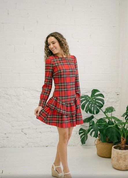 Vestido Corto Tartán Rojo con Falda de Doble Volante.