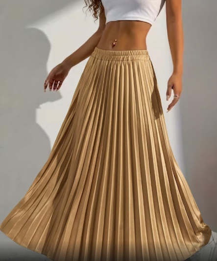 Falda Midi Plisada Satinada – Disponible en Dorado y Negro.