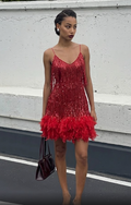 Vestido de Fiesta con Flecos Brillantes y Bajo de Plumas.