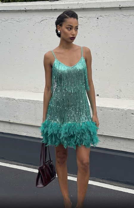 Vestido de Fiesta con Flecos Brillantes y Bajo de Plumas.