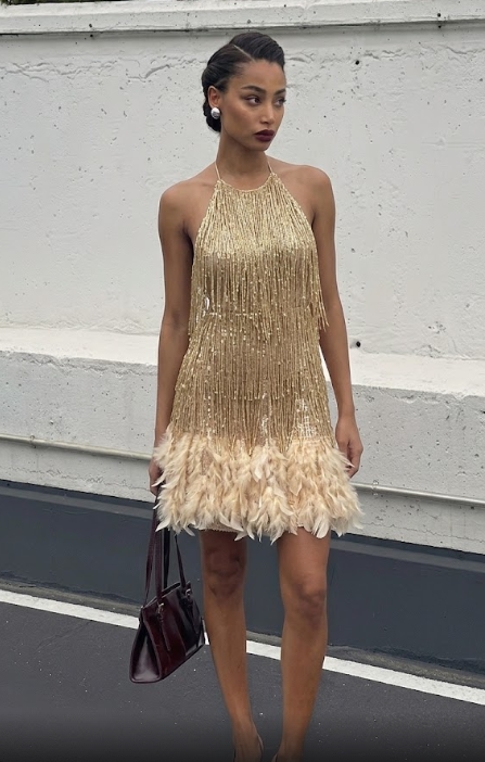 Vestido de Fiesta con Flecos Brillantes y Bajo de Plumas.