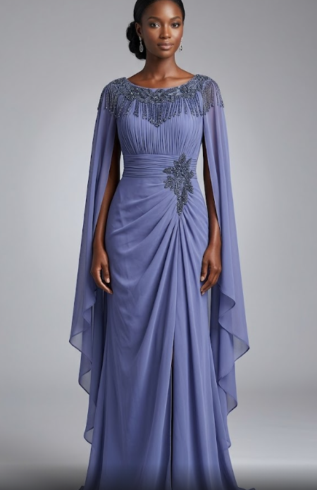 Vestido de Gala Azul Grisáceo con Pechera de Pedrería y Capas.