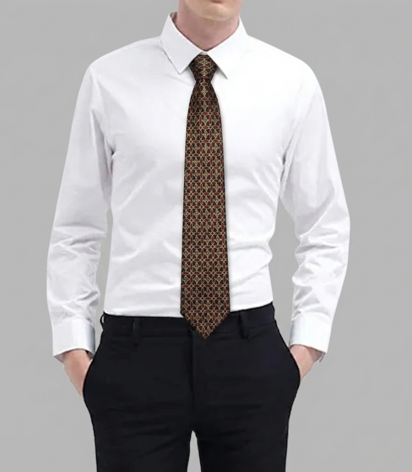 Corbata de Seda Jacquard Hermès – Patrón Geométrico en Rojo y Oro.