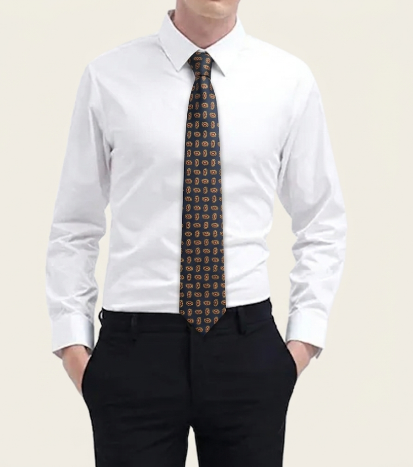 Corbata de Seda con Patrón de Cachemira (Paisley) en Oro y Granate.