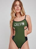 Bañador trikini verde caqui de Calvin Klein con logotipo metalizado